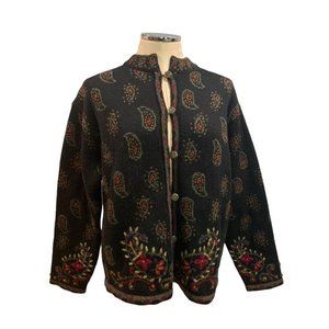 Large Nordic Design Women's Wool Cardigan Sweater Paisley Design Y2K Vintage